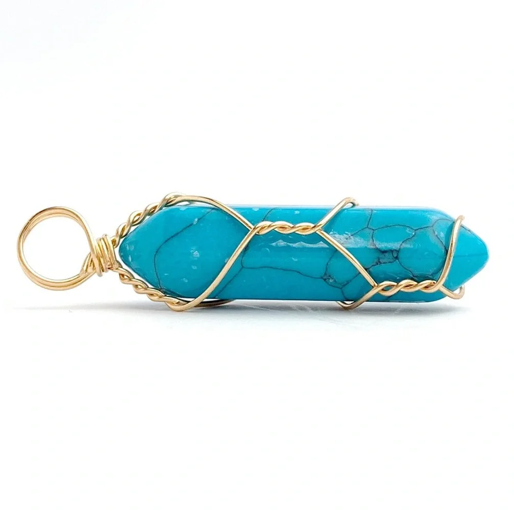 New Handmade Blue Howlite 10k Gold Wire Wrapped S925 Silver Amulett Necklace